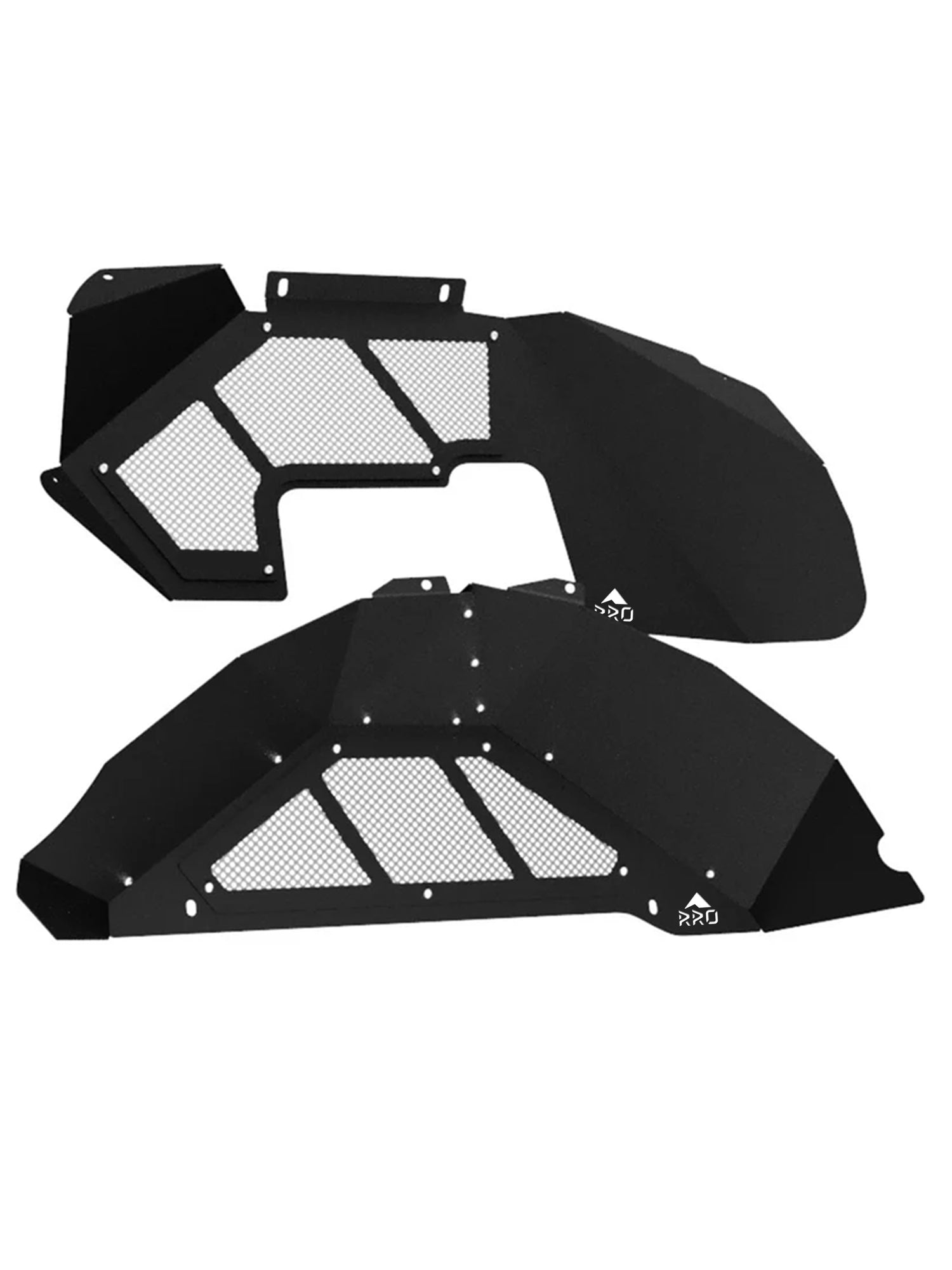 A set of black powder-coated aluminum inner fenders for a Jeep, including front and rear designs, with visible mesh areas.