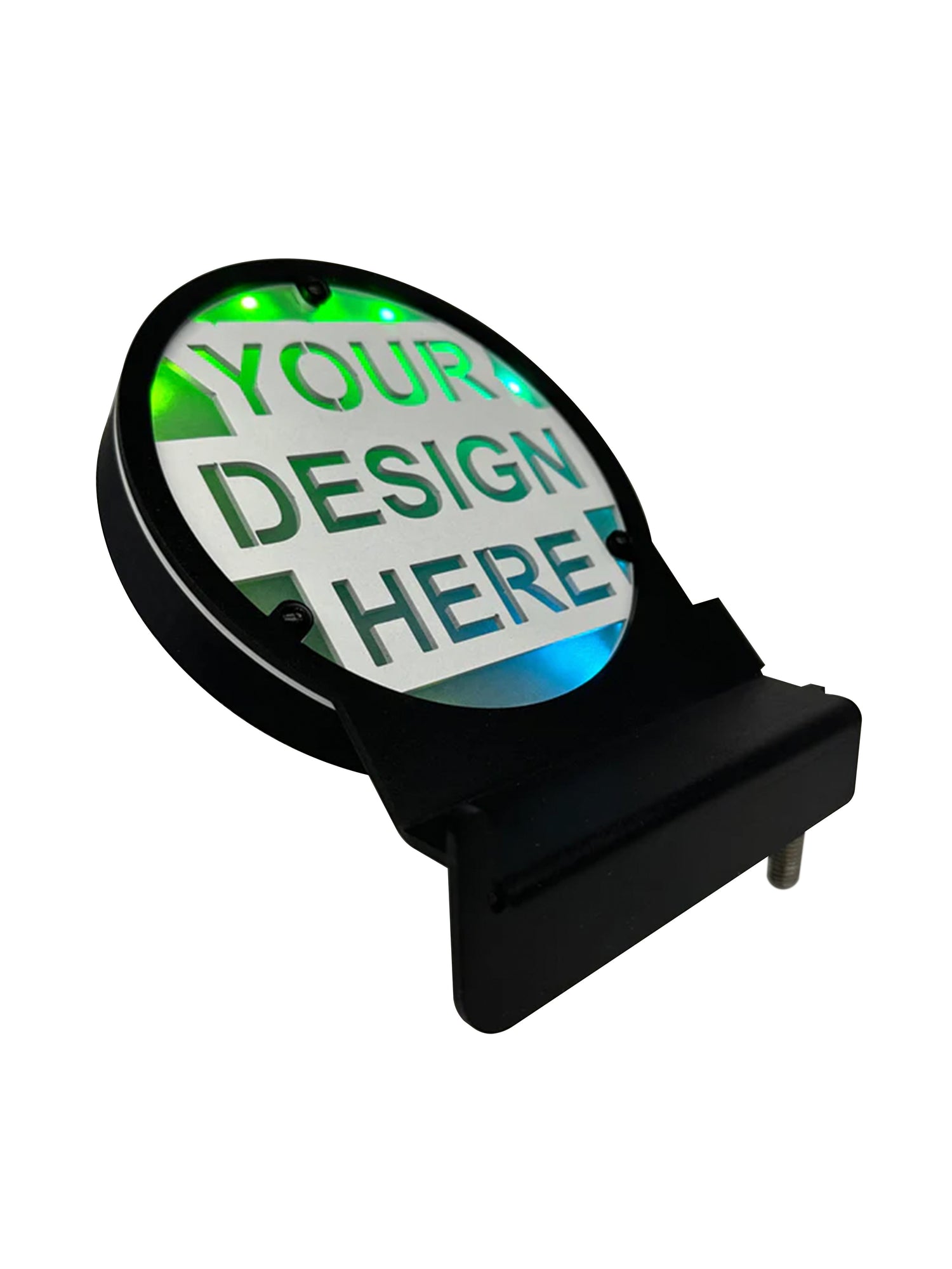 A black wireless rechargeable LED-lit foot peg with a customizable design plate that reads 'YOUR DESIGN HERE'.